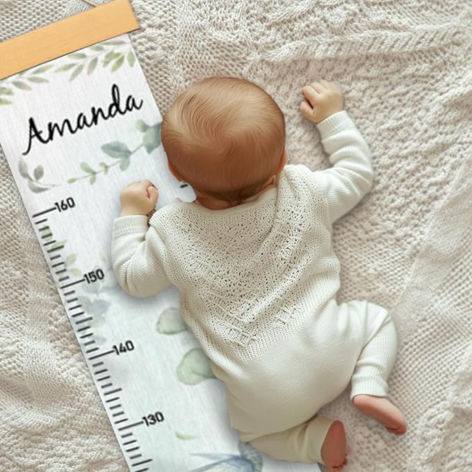 Personalized Name Growth Chart Wall Decor for Kids – Canvas Removable Height Chart Measuring Ruler 59" x 7.9" (Eucalyptus Leaves)