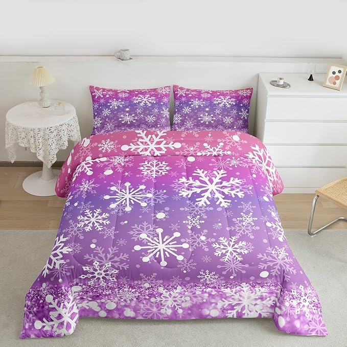Feelyou Christmas Comforter Set All Season Pink Purple Bedding Set with 2 Pillow Cases Winter Snowflake Microfiber Kids Full Bedclothes New Year Holiday Bedroom Decor Duvet Quilt Soft Lightweight