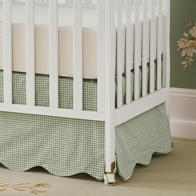 Brandream Scallop Edge Cotton Crib Skirt, Baby Boy, Baby Girl, Gender Neutral Crib Skirt Toddler Bedskirt Farmhouse Chic Nursery Crib Bed Skirt, Boho Bohemian Solid Green Gingham