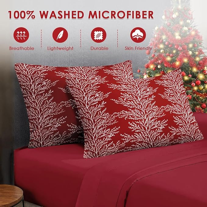 7 Pcs Queen Size Christmas Comforter Set with 2 Pillowcases & 2 Shams, Red Botanical Bedding for Kids and Adults, Winter Tree Branch Bed in a Bag with Flat Fitted Sheet