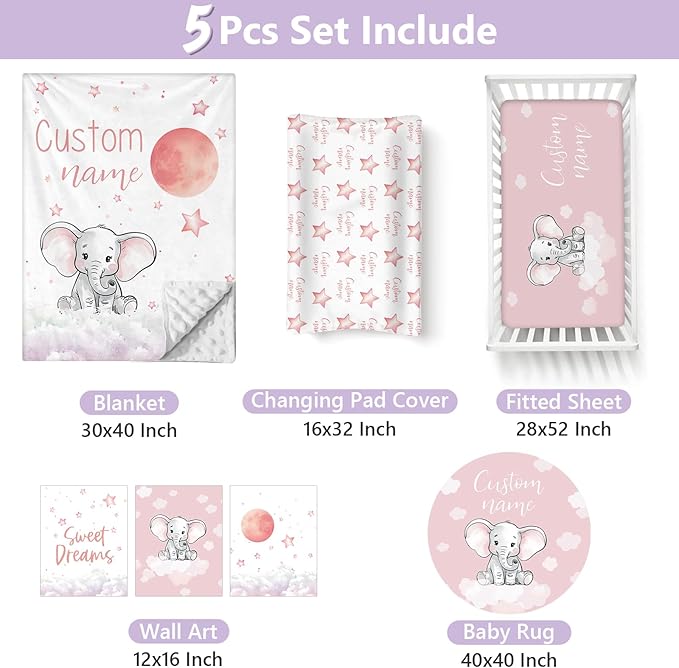 Personalized Baby Crib Bedding Set, 5 Pcs Custom Name Nursery Bedding Set for Girls Boys, Cute Elephant Baby Crib Set for Toddlers Infants, Double Layer Bedding Crib Sets Customized Gifts