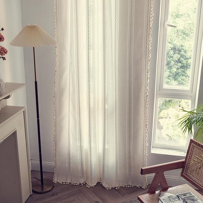 Deeprove Ivory Boho Curtain 63 Inches Length for Kitchen Closet Cafe Decor, Bohemian Hollow Chic Style Tassels, Vintage Farmhouse Country French Window Treatment Drape, Rod Pocket, 1 Panel W52x L63