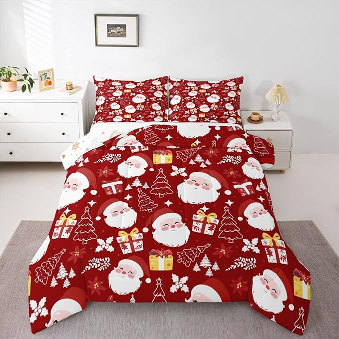 jejeloiu Santa Claus Comforter Set Toddler Size Merry Christmas Bedding Set for Kids Boys Girls Xmas Themed Duvet Quilt Red Bedroom Decor