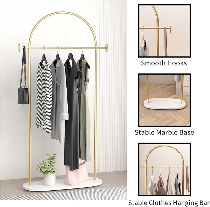 Modern Gold Coat Racks with Marble Base, Gold Clothing Racks with Shelves, Heavy Duty Clothes Rack Stand for Entryway, Bedroom, Living Room, Boutiques