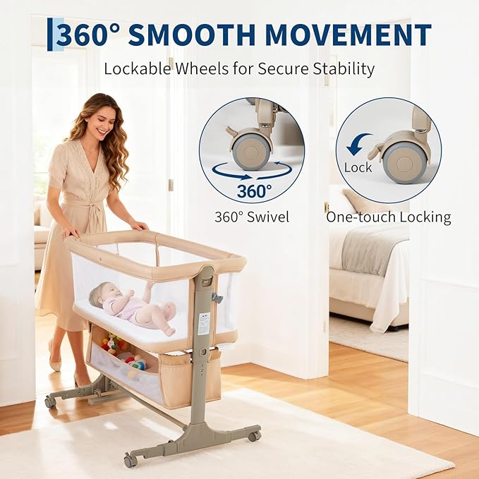 Bedside Bassinet Baby Bassinet, 3 in 1 Bedside Sleeper with Baby Co-Sleeper Travel Crib with Detachable Mosquito Net & Storage Basket | Adjustable Height, Wheels Included