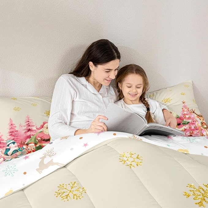 jejeloiu Merry Christmas Comforter Set Queen Size Santa Claus Bedding Set for Kids Boys Girls Cute Deer Duvet Quilt Beige Bedroom Decor