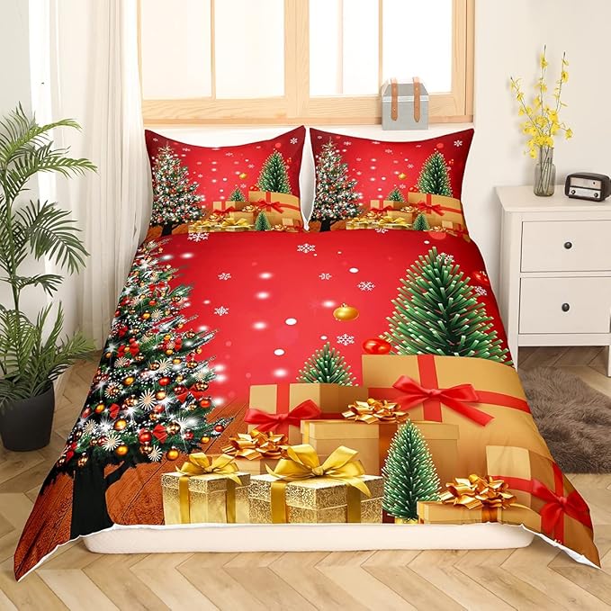 Feelyou Christmas Bedding Duvet Cover Set Kids Christmas Tree Bedding Set Boys Girls Snowflake Gift Boxes Decor Comforter Cover Set Microfiber Xmas Theme Bedspread Cover Bedroom Bedclothes Queen Size