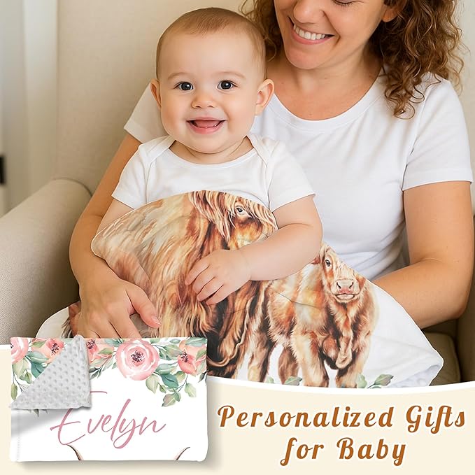 Personalized Baby Blanket for Boys, Custom Name Blanket for Girl Newborn Mom, Soft Flannel with Double Layer Dotted Backing, Gifts for Baby Shower Christmas Birthday, Highland Cow(30”x40)