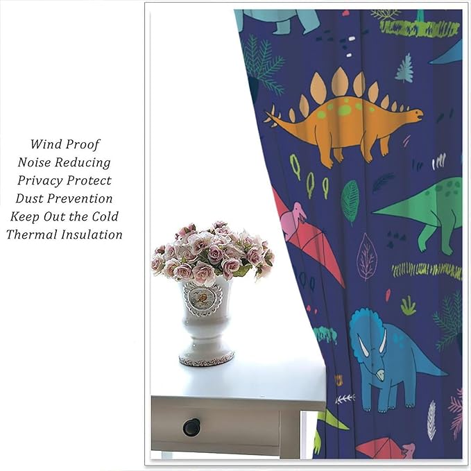 Dinosaurs Blackout Curtains Cute Cartoon Animals Dino Tropical Plant Colorful Art Print for Kids Boys Bedroom Living Room Rod Pocket Decoration Window Drapes 2 Panels W31.5xL63in