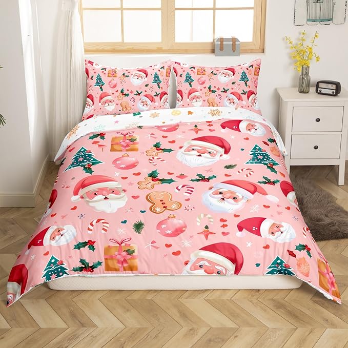 Feelyou Christmas Bedding Set Pink Gingerbread Man Duvet Cover Set for Kids Boys Girls Cookies Comforter Cover Christmas Tree Quilt Cover Bedroom Collection 2Pcs Toddler Size,No Comforter