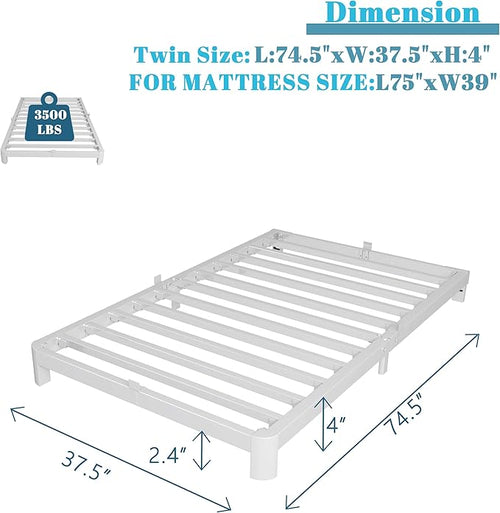 4 Inch Twin Bed Frames with Metal Baffles, White Bed Frame Twin Size No Box Spring Needed, Rounded Corner Legs, Heavy Duty Steel Platform Support, Noise Free, Easy Assembly