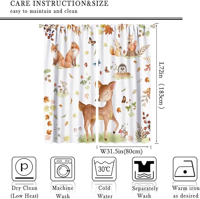 Fall Animails Curtains for Kids, Rustic Cute Woodland Wild Animal Window Treatments Watercolor Autumn Leaves Cartoon Fox Deer Window Drapes for Nursery Toddler Bedroom 63x72in