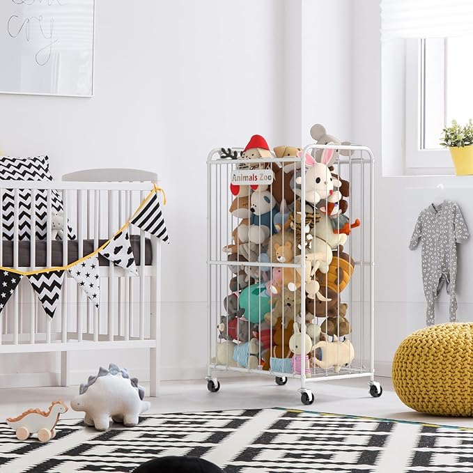 210L Stuffed Animal Storage Organizer Plush Toy Storage Organizer Stuffed Animal Holder, Kids Toy Bins with Wheels, Metal Frame and Elastic Cord Design, Suitable for Storage of Big Toys