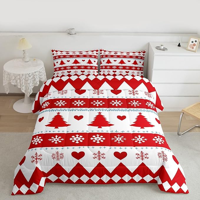 Feelyou Christmas Comforter Set King Size Xmas Tree Bedding Set for Kids Boys Girls Snowflake Heart Duvet Quilt Geometric Bedroom Decor Microfiber 3 Pcs with 2 Pillow Cases