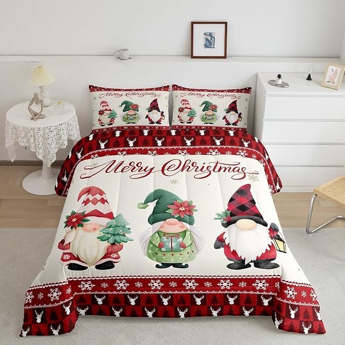 Merry Christmas Kids Comforter Set King Size,Deer Antler Santa Claus Bedding,Girls Boys Adults Bedroom/Xmas Cabin Decor,Snowflake Pine Trees Plaid Down Comforter,Rustic Duvet Insert,2 Pillowcases