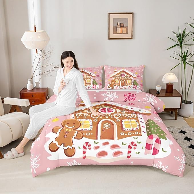 Feelyou Christmas Gingerbread Bedding Set Soft for Boys Girls,Gingerbread House Comforter Set Queen Winter Holiday Decor Duvet Quilt Cute Snowflake Room Decor Pink Decor 3 Pcs with 2 Pillow Cases