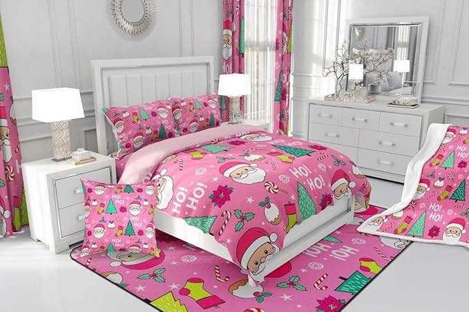 Feelyou Pink Merry Christmas Comforter Set All Season Santa Claus Bedding Set with 1 Pillow Cases Xmas Microfiber Kids Twin Bedclothes Happy New Year Bedroom Decor Duvet Quilt Soft Lightweight