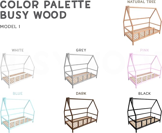 Montessori House Bed - Toddler Bed with Rails - Playpen Bed for Kids Girls & Boys - Busywood Montessori Floor Bed - Kids Bed with Slats - Small, Twin, Full, Queen, King - 7 Colors (Model 1)