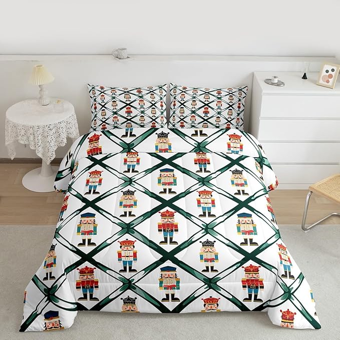 Feelyou Cute Nutcracker Bedding Set Soft for Boys Girls,Green Lattice Pattern Comforter Set Twin Size Colorful Duvet Quilt Microfiber Funny Soldier Bedroom Decor Kawaii 2 Pcs with 1 Pillow Cases