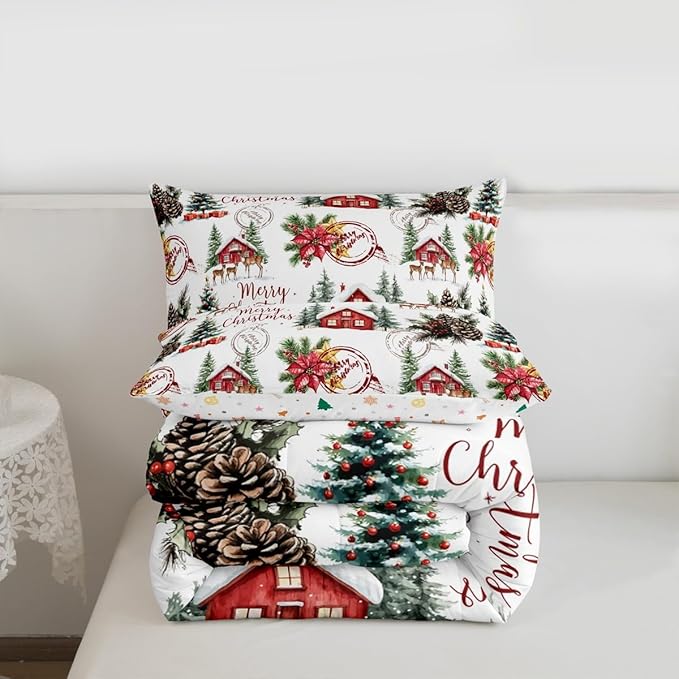 Merry Christmas Kid Comforter Set Full Size,Poinsettia Winter Xmas Pine Tree Bedding Set,Room Decor,Snowflake Rustic Farmhouse Quilt Comforter,Red Green White Duvet Set Bedroom Quilt Set,2 Pillowcases