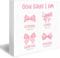 Preppy Coquette Bow Christian Wood Box Sign - Bible Verse Desk Shelf Decor, Coquette Room Decor, Pink Inspirational Christian Wooden Block Plaque Box Sign for Girl Room Nursery Dorm Decorations