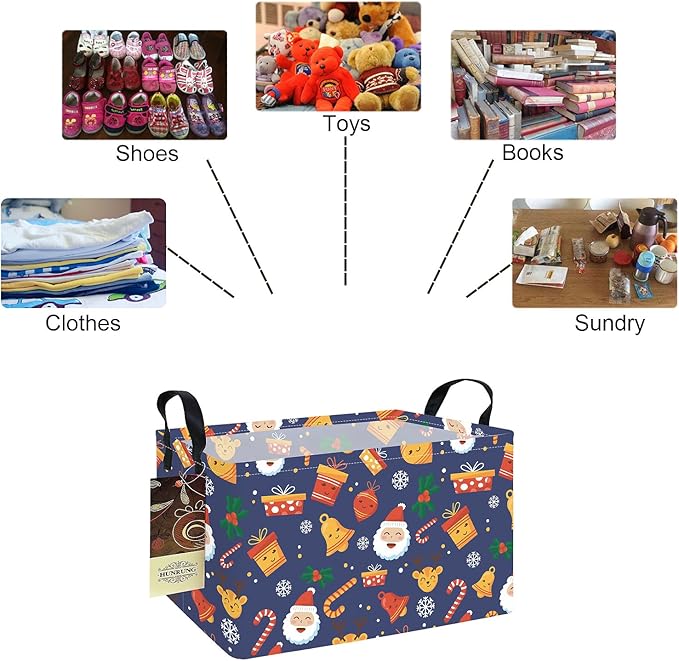 HUNRUNG Rectangle Storage Basket Cute Canvas Organizer Bin for Pet/Children Toys, Books, Clothes Perfect for Rooms/Playroom(REC-Blue Christmas Bell)