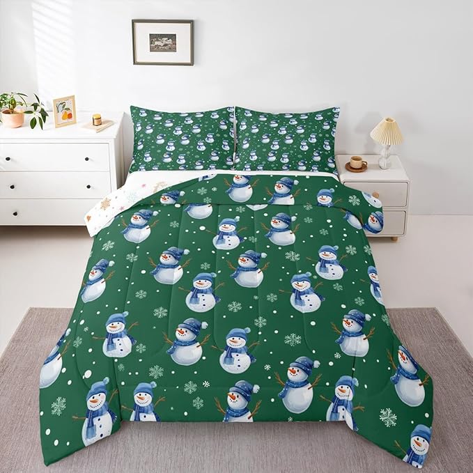 jejeloiu Kids Cute Winter Snowman Comforter Set Twin Size Green Christmas Theme Bedding Set for Boys Girls Teens Xmas Snowflake Happy New Year Duvet Quilt Room Decor