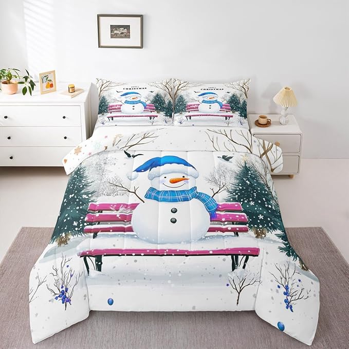 Feelyou Merry Christmas Bedding Set Soft for Boys Girls, Cute Snowman Comforter Set Toddler Size Snowflake Duvet Quilt Microfiber Christmas Tree Bedroom Decor 2 Pcs with 1 Pillow Cases