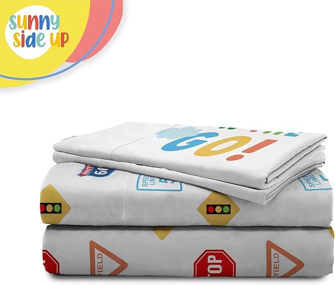 Sunny Side Up On The Go Full Sheet Set - 4 Piece Kids Bedding Set Includes Pillow Cover - Super Soft Vehicles Microfiber Sheets