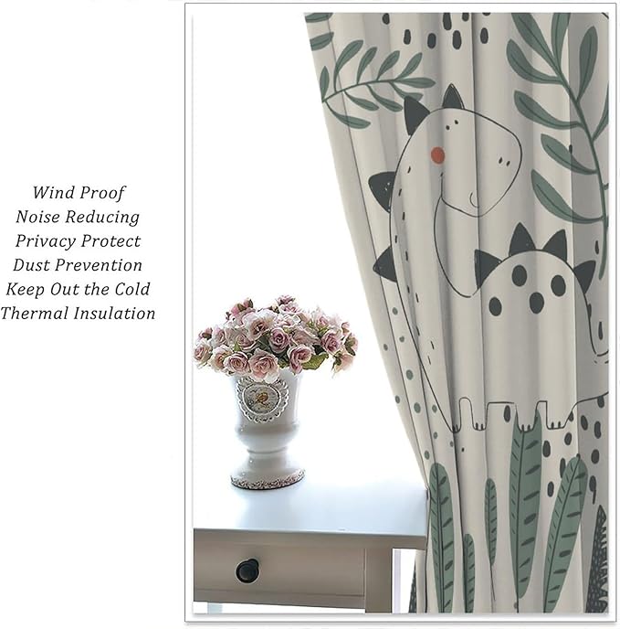 Funny Dinosaur Curtains, Jungle Cute Cartoon Animals Tropical Leaves Plant Beige Green Print Blackout Window Treatments for Kids Boys Girls Bedroom Living Room 63x72in