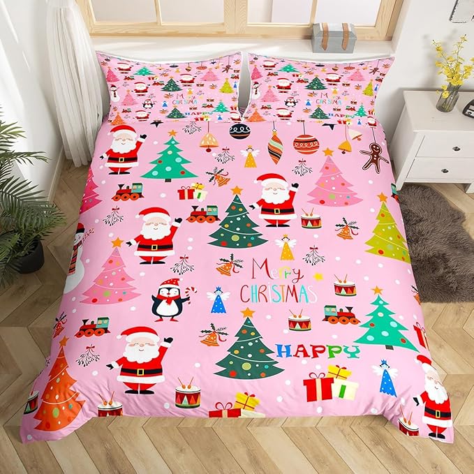 Christmas Bedding Duvet Cover Set Kids Santa Claus Xmas Theme Bedding Set Boys Girls Decor Christmas Tree Comforter Cover Set Microfiber Pink New Year Bedspread Cover Bedroom Bedclothes King Size