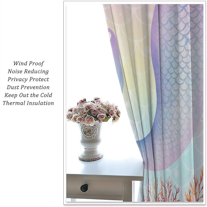 Dream Mermaid Curtains Colorful Mermaid Fish Tail Scale Fantasy Ocean Theme Beautiful Kids Window Treatment for Girls Bedroom Nursery Room Decor Rod Pocket Window Drapes 42x54in