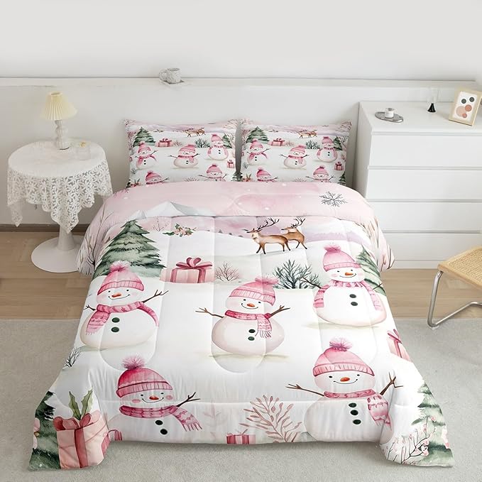 Manfei Merry Christmas Comforter Set Toddler Size,Cute Snowman Pine Trees Deer Bedding Set 2pcs,New Year Theme Down Comforter for All Season,Kids Boys Girls Room Decor,1 Pillowcase,No Sheets