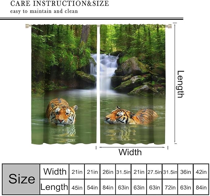 Forest Waterfall Landscape Blackout Window Curtains, Animals Tigers Waterfall Woodland Natural Window Drapes, for Living Room Bedroom 52" W X 84" L