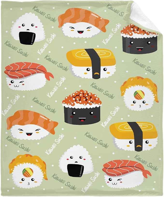 Thuswarm Cute Sushi Kawaii Flannel Throw Blanket Warm Cozy Soft Cartoon Food Print Blankets for Bed Couch Sofa Room Decoration Gifts 40”×30” XSmall for Pets