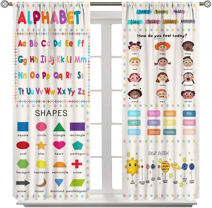 Kids Educational Alphabet Cartoon Curtain Solar System Shapes Cute Knowledge Printed Rod Pocket Blackout Window Drapes for Todders Nursery Baby Bedroom Living Room 42" W X 63" L