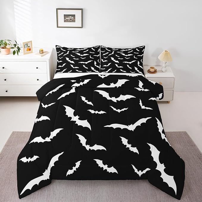 Erosebridal Bat Comforter Set Toddler Size for Kids Bedroom with 1 Pillow Case Happy Halloween Bedding Set Gothic Spooky Duvet Insert Cartoon Style Quilt, Black White
