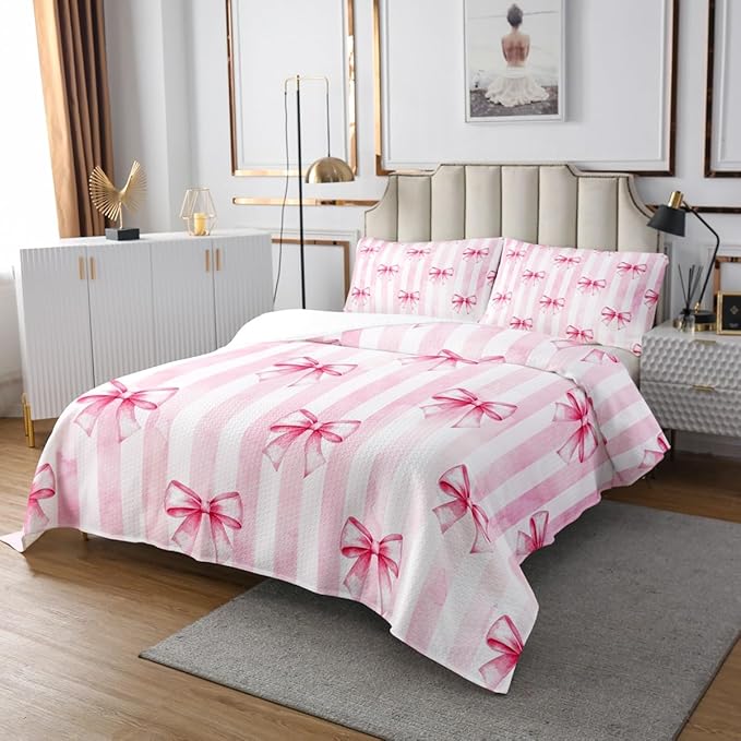 Pink Bowknot Kids Bedspread Queen Size,Bow Tie Geometric Stripe Coverlet Set,Girls Women Room Decor,Butterfly Knot Princess Style Fashion Quilted Coverlet,Pink Romantic Bedding Quilt,2 Pillowcases