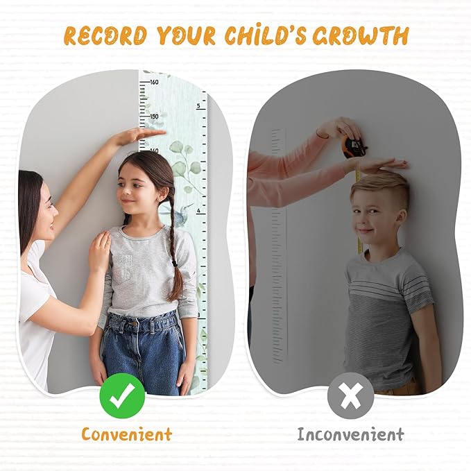 Personalized Name Growth Chart Wall Decor for Kids – Canvas Removable Height Chart Measuring Ruler 59" x 7.9" (Eucalyptus Leaves)