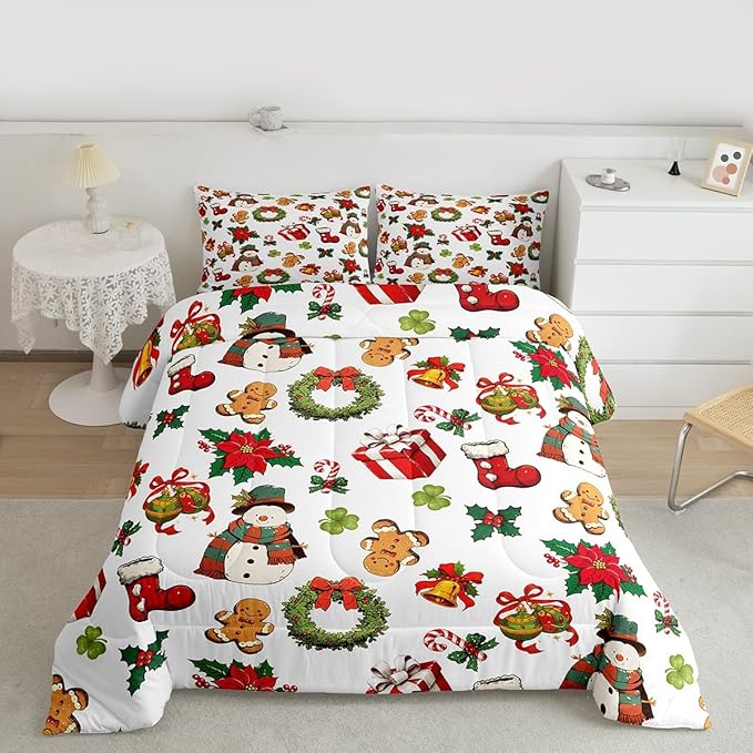 jejeloiu Merry Christmas Comforter Set Full Size Cute Snowman Bedding Set for Kids Boys Girls Gingerbread Man Duvet Quilt White Bedroom Decor