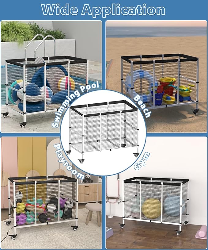 150 Gallon Swimming Pool Storage Bin, Outdoor Rolling Pool Toy Organizer Cart for Swimming Acessories, Pool Noodles Holder for Floaties, Life Vests, Beach Essentials, Patio Furniture, White