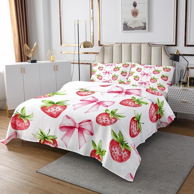 Pink Bowknot Kids Bedspread Twin Size,Strawberry Summer Fruit Cartoon Cute Coverlet Set,Girls Women Room Decor,Bow Tie Butterfly Knot Princess Quilted Coverlet,Unique Bedding Quilt,1 Pillowcase