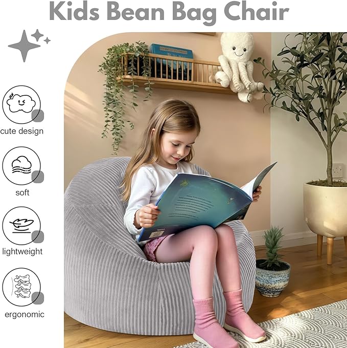 COMAX Bean Bag Chairs for Kids, Toddler BeanBag Sofa with Filler Bean Couch Stuffed for Boys and Girls, Lazy Floor Chair for Playroom, Nursery Room, Light Grey