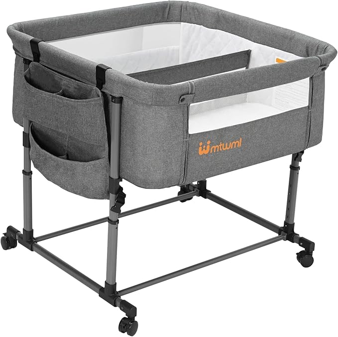 MTWML Twin Bassinet for 2 Babies,Portable Twins Crib with Storage Bag and Replaceable Mattress Cover,Adjustable Height Double Bedside Crib Attaches to Bed with Strap for 0-6 Months (Deep Grey)