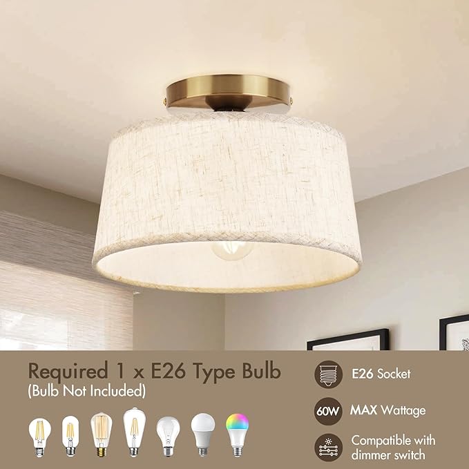 Modern Ceiling Light Fixture, 10 Inch Semi Flush Mount Lamp with Linen Shade, E26 Base, Gold for Kitchen Bedroom Hallway Closet Entryway Room Small Spaces