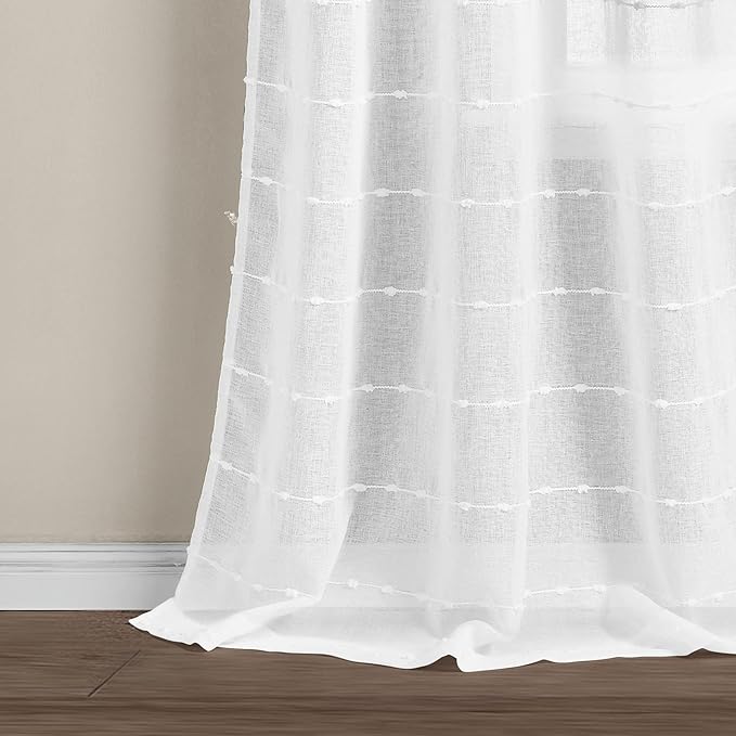 Lush Decor Farmhouse Textured Grommet Sheer Indoor/Outdoor Window Curtain Panel, 50"W x 84"L, Bleach White