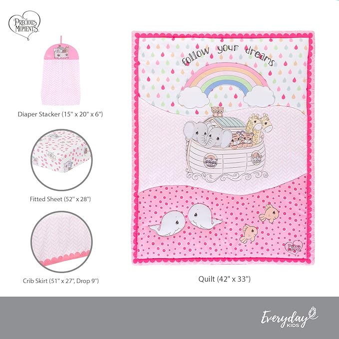 EVERYDAY KIDS Precious Moments Noah’s Ark 4 Pc Crib Bedding for Girls Nursery Set Includes Baby Bed Quilt, Fitted Sheet, Dust Ruffle and Diaper Stacker with Sweet Images of Elephants and Giraffes