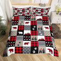 Manfei Christmas Duvet Cover Set Queen Size Cute Bear Tree Print Comforter Cover Geometric Checkered Bedding Set 3pcs for Kids Boys Girls Cartoon Animal Bedspread Cover with 2 Pillowcases,No Comforter