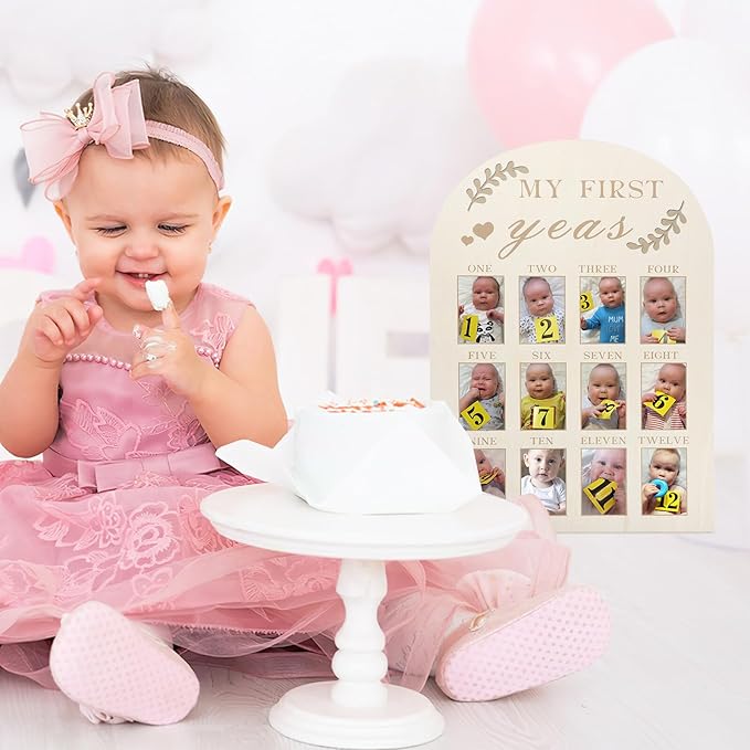 Wooden Milestone Photo Frame First Year Display Board for Newborns Months Keepsake with Sturdy Construction and Simple Design for Nursery Decoration