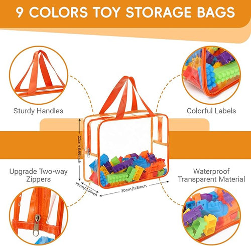 9 Packs Large Toy Storage Bags,Kids Toy Organizer with Zipper and Lables,Clear PVC Board Game Storage,Kids Organizer Bags for Building Blocks,Puzzle,Books...(9 Colors)